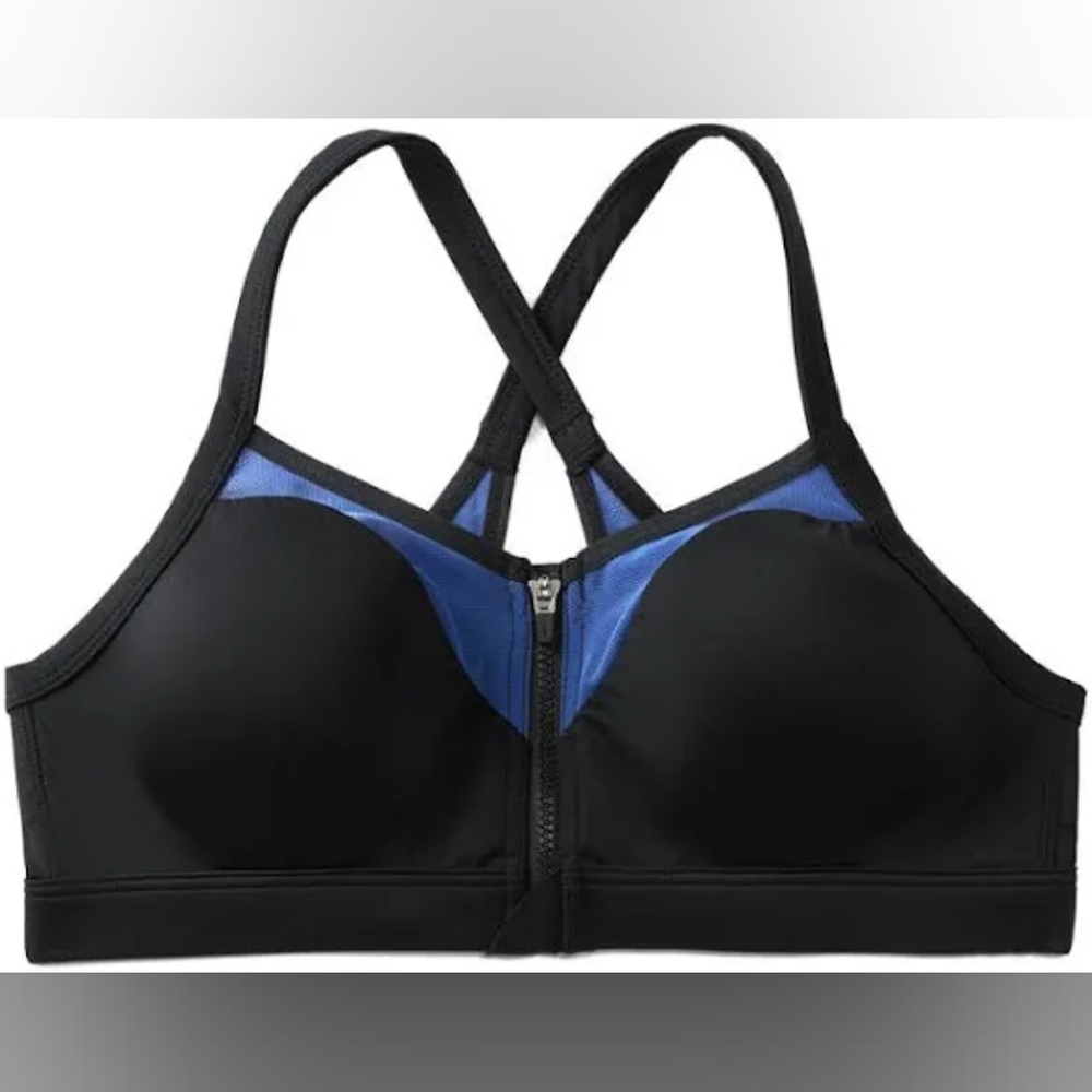 NWT Adore Me Women's Wirefree Front Zipper Sports Bra 0207 Black Blue Size Large